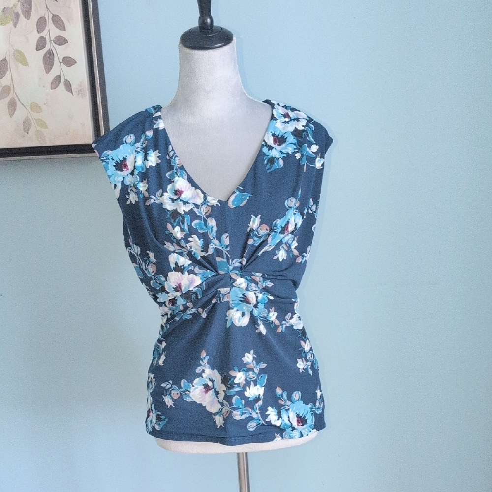 WHBM Floral Twist-Front V-Neck Top - Teal Medium